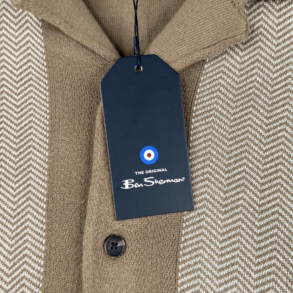 Ben Sherman Knit Shirt Large Beige Chevron Button Up Short Sleeve Mens New NWT - Picture 3 of 10